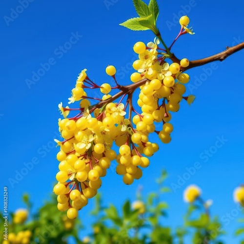 Yellow currant blossoms on branch, vibrant blue sky backdrop, green foliage, nature, view