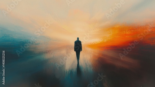 Man walking towards a colorful horizon during sunrise or sunset in a blurred landscape