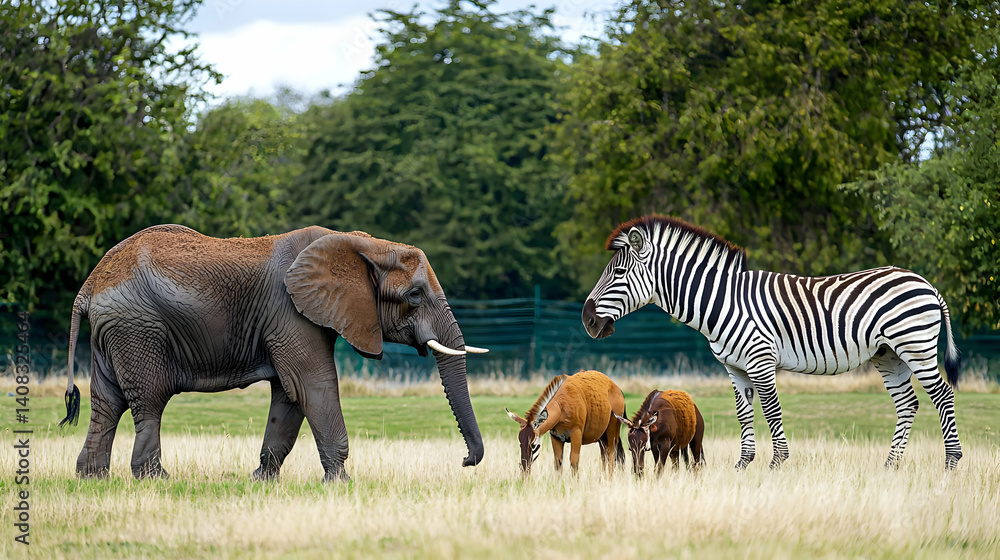 Fototapeta premium An Elephant Zebra And Two Antelope Grazing Together In A Field On A Cloudy Day