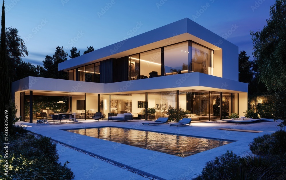 Fototapeta premium Modern Luxury Villa at Dusk: Architectural Marvel with Pool