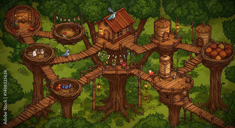 Fototapeta premium Birds Living in Elaborate Treehouse City in the Forest