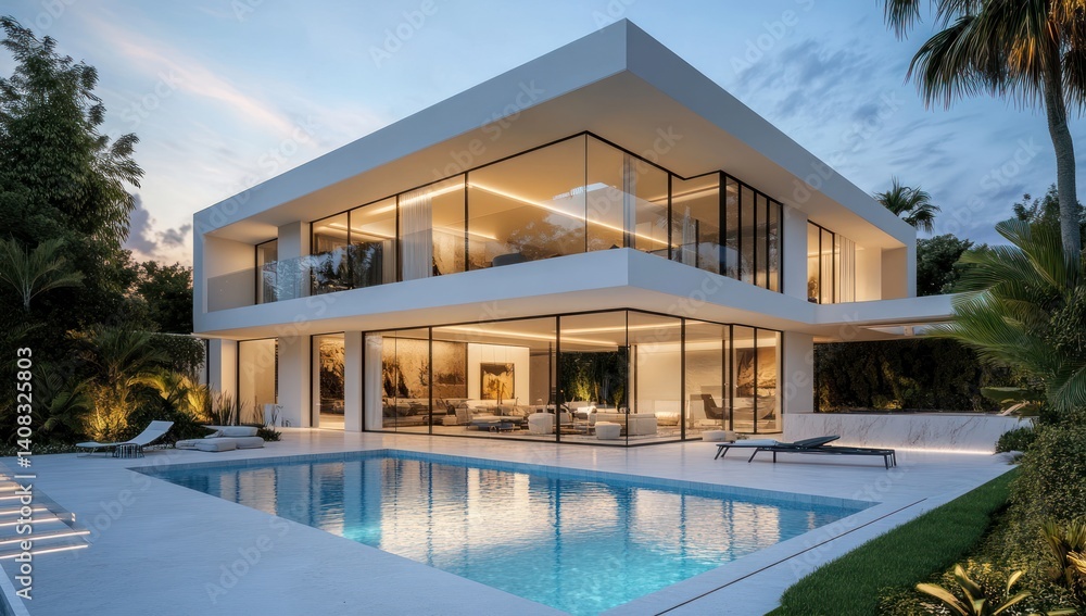 Fototapeta premium Luxury Modern Villa with Infinity Pool at Dusk