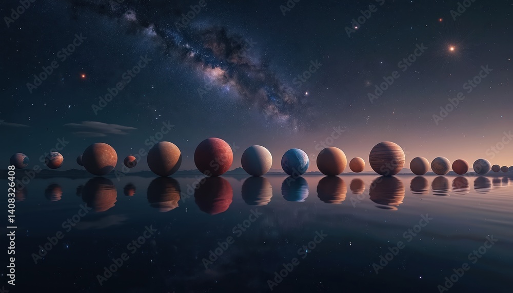 Fototapeta premium Cosmic alignment planets galaxy. Planets reflected in water. Visual sequence celestial bodies. Planets lineup against starry night sky. Abstract astronomy art for science projects, educational tech