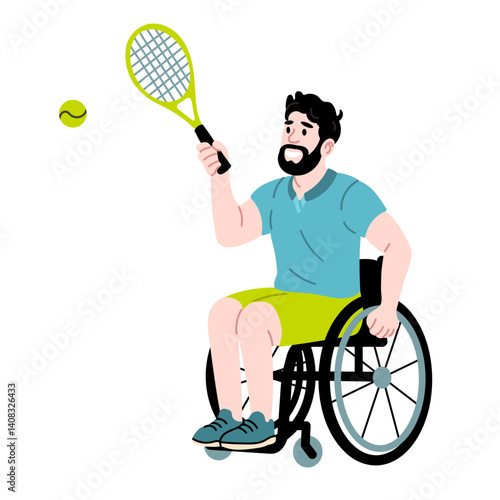 Man in wheelchair playing tennis with racket and ball on white background