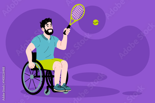 Bearded man in wheelchair playing tennis and hitting ball on purple background