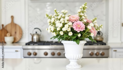 Wallpaper Mural The kitchen counter is adorned with a white urn filled with pastel colored larkspur. Torontodigital.ca