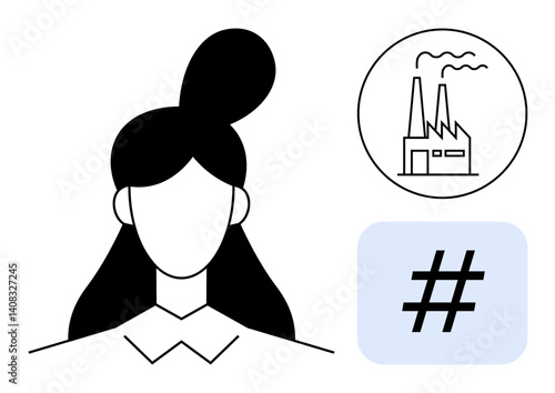 Woman silhouette with neat hairstyle, factory emitting smoke, and a metadata tag symbol. Ideal for technology, industry, environment, networking, social media, teamwork simple landing page