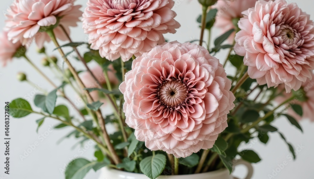 Dusty rose ranunculus, their petals spiraling inward, create a focal point within a collection of airy greenery in a white urn. Dusty rose ranunculus, their petals spiraling inward, create a focal point within a collection of airy greenery in a white urn.