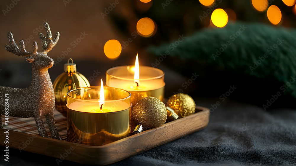 Obraz premium Warm Christmas Candlelight With Golden Ornaments And Reindeer Decoration On Cozy Blanket With Soft Glowing Bokeh Lights