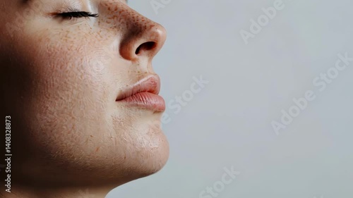 Caucasian woman breathing deeply with closed eyes, revealing her nose, lips, and freckles on smooth skin, embodying the essence of rhinoplasty and advanced cosmetology