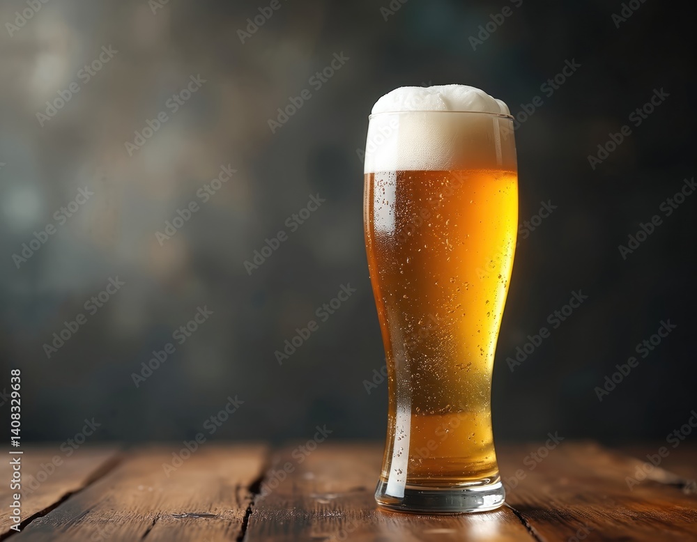Refreshing glass light beer with frothy foam on dark background. Cold lager with bubbles. Drink on wooden table. Gold alcohol beverage. Perfect for pubs, bars, restaurants. Refreshing glass light beer with frothy foam on dark background. Cold lager with bubbles. Drink on wooden table. Gold alcohol beverage. Perfect for pubs, bars, restaurants.