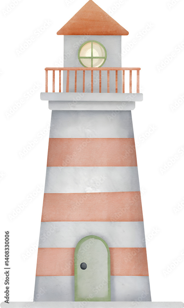 Fototapeta premium Watercolor lighthouse with orange stripes and green door on a transparent background.
