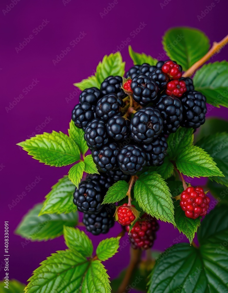 Luscious blackberries clustered with vibrant green leaves against a deep purple backdrop, photography, fruit Luscious blackberries clustered with vibrant green leaves against a deep purple backdrop, photography, fruit