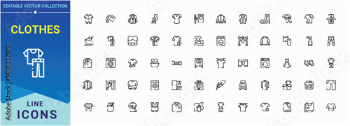 Clothes icon set. Contains outline symbols like fashion, dress, outerwear, wear, apparel and more. Modern vector UI icons. Outfit icon. Editable stroke. Vector illustration.