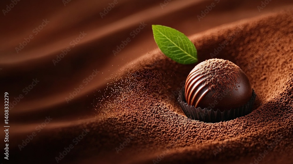 A chunk of chocolate topped with a green leaf amidst a mound of sandy browns A chunk of chocolate topped with a green leaf amidst a mound of sandy browns