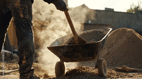 A construction laborer mixing cement in a wheelbarrow at a building site. Featuring manual labor and construction preparation