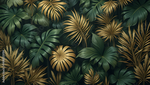 monstera and palm leaves fancy wallpaper with dark greens and golden leaves