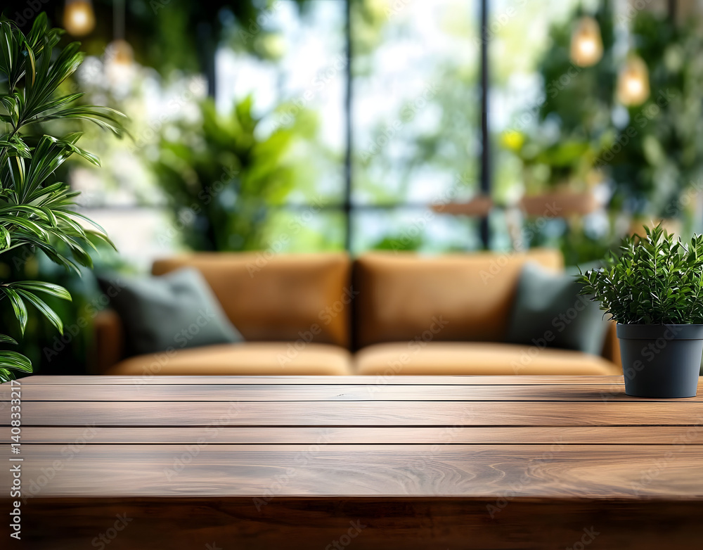 Fototapeta premium empty wooden table top with blurred sofa and plants background