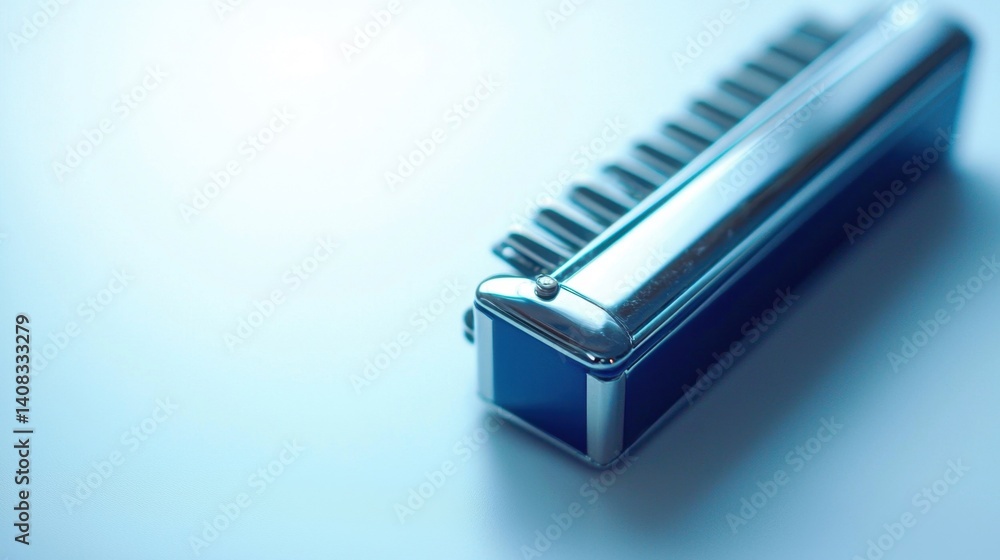 Harmonica rests on a smooth surface, glimmering under soft light in a calm indoor setting Harmonica rests on a smooth surface, glimmering under soft light in a calm indoor setting