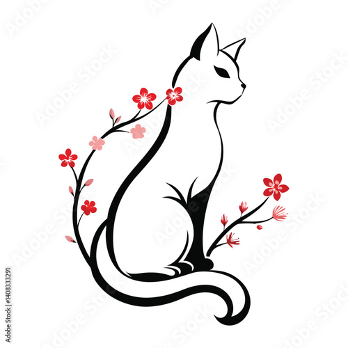 Silhouette Cat with Blossom Embellishment: A stylized silhouette of a graceful cat, adorned with delicate cherry blossom branches. A testament to elegance and the artistry of nature.