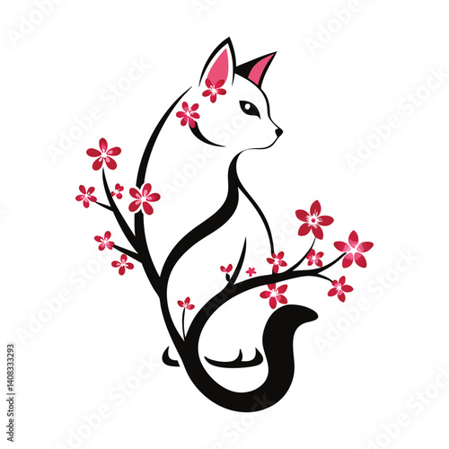 Cherry Blossom Cat: A charming illustration features an elegant cat intertwined with delicate cherry blossom branches, celebrating the beauty of nature and grace.