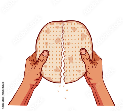 Flat bread, possibly matzah, broken into two pieces by men hands. Vector graphic color hand drawn cartoon illustration.