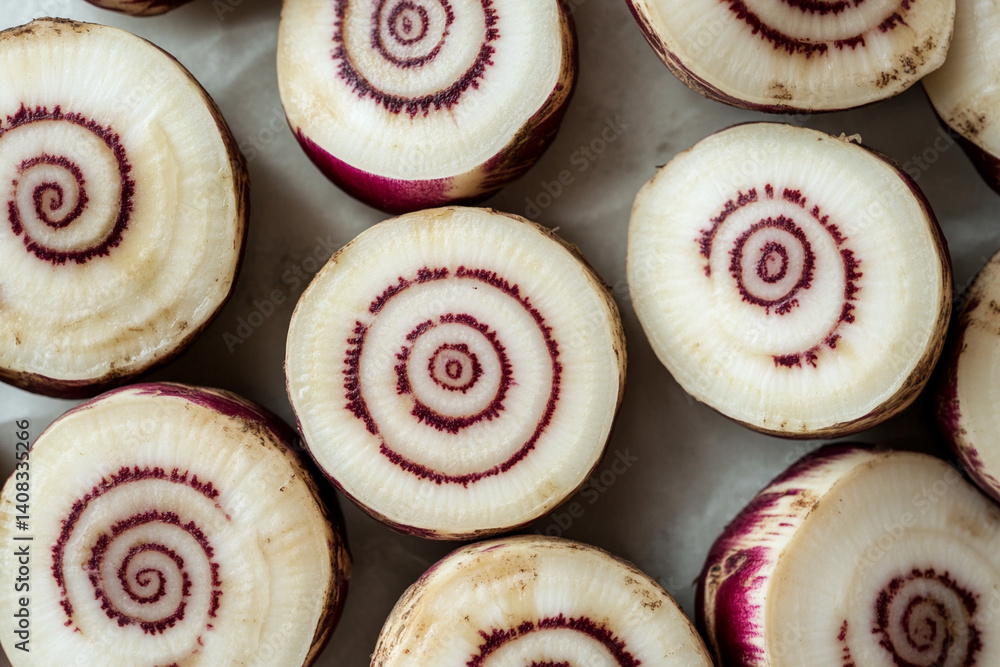 Intricate spirals of ruby red and creamy white reveal the beauty of these freshly harvested chioggia beets, a vibrant display of nature's artistry on a light background. Intricate spirals of ruby red and creamy white reveal the beauty of these freshly harvested chioggia beets, a vibrant display of nature's artistry on a light background.