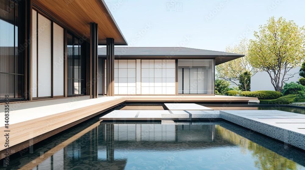 Fototapeta premium Modern architectural design showcase serene garden image bright day wide angle minimalist aesthetic