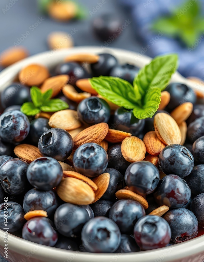 A vibrant bowl brimming with plump blueberries and crunchy almonds, fruit, still life, berry bowl