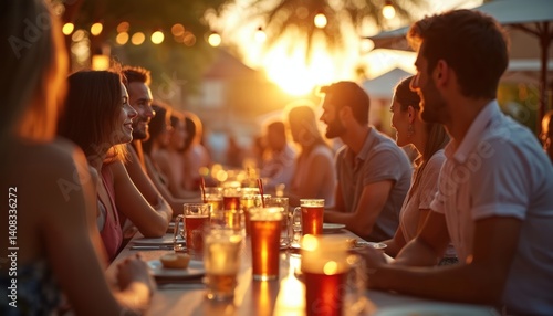 Group people relax outdoor bar at golden hour. Friends drink beer, dine. Evening social gathering at summer restaurant during sunset. Festive ambience with soft bokeh.