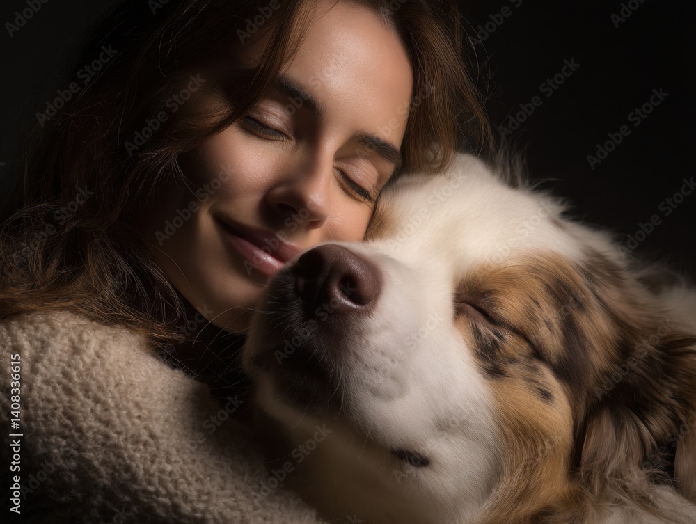 Serene woman hugging her dog in a close-up shot, representing love, companionship, and comfort. Perfect for pet adoption campaigns, animal welfare promotions, and heartwarming stories. Serene woman hugging her dog in a close-up shot, representing love, companionship, and comfort. Perfect for pet adoption campaigns, animal welfare promotions, and heartwarming stories.