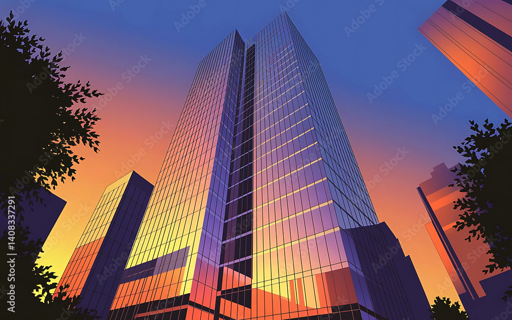 Fototapeta premium Modern Skyscrapers at Sunset Reflecting Colorful Hues