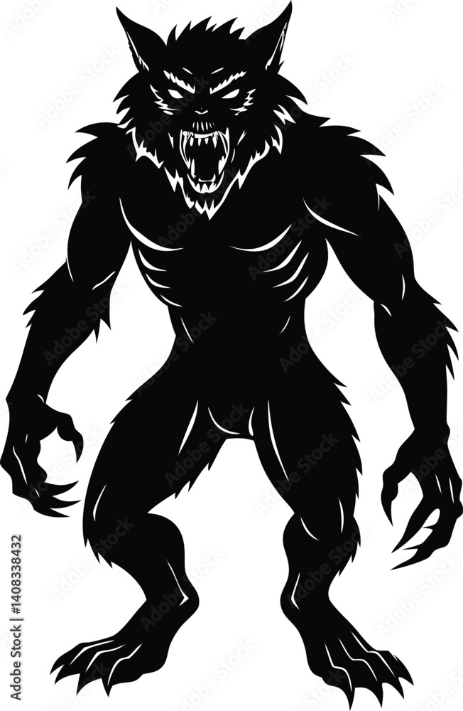 Fototapeta premium Silhouette Illustration of a Werewolf With Fierce Expression and Sharp Claws