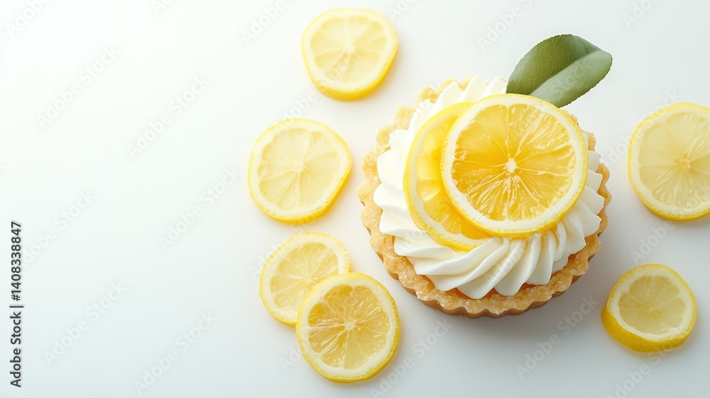 A white plate holds a cupcake with frosting, surrounded by green leaves and sliced lemons A white plate holds a cupcake with frosting, surrounded by green leaves and sliced lemons