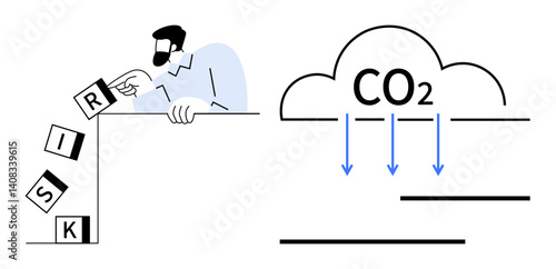 Man stacking risk blocks near edge of cliff while CO2 cloud with arrows points downward. Ideal for climate, sustainability, decision-making, environmental impact, mitigation, carbon footprint, risk