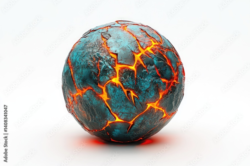 A cracked sphere reveals glowing lava within, suggesting volcanic activity or a fiery celestial body. A cracked sphere reveals glowing lava within, suggesting volcanic activity or a fiery celestial body.