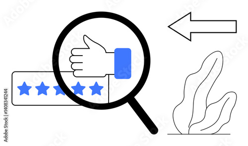 Magnifying glass over hand giving thumbs-up, star rating, arrow, abstract plant. Ideal for feedback, rating, evaluation, search, focus positivity and simple landing page