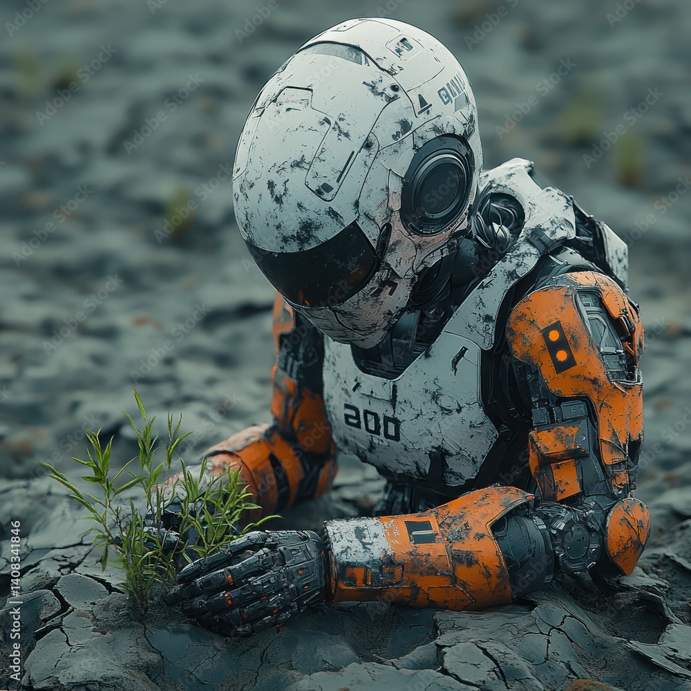 Futuristic figure exploring muddy terrain Futuristic figure exploring muddy terrain