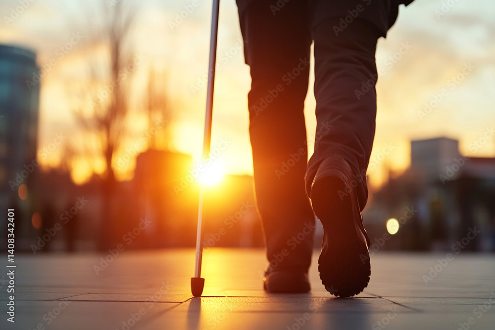 Obraz premium Elderly person walks down street with cane during sunset in urban setting