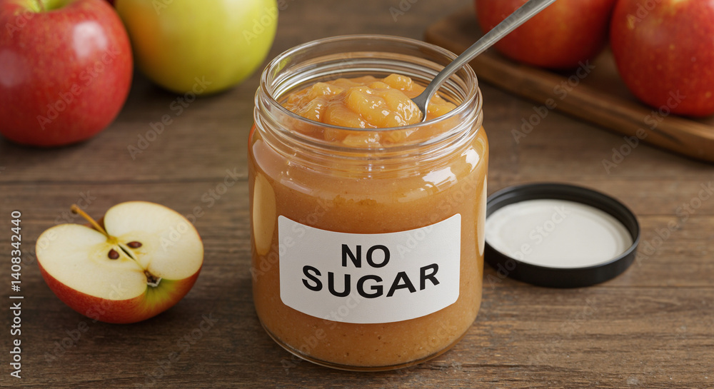 Natural product style with labeled glass jar of applesauce labeled no sugar and spoon inside, rustic kitchen table with apples in background, top-down angle, soft natural light Natural product style with labeled glass jar of applesauce labeled no sugar and spoon inside, rustic kitchen table with apples in background, top-down angle, soft natural light