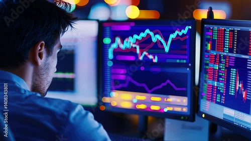 A focused trader in a neon-lit basement delves into penny stocks and market trends.