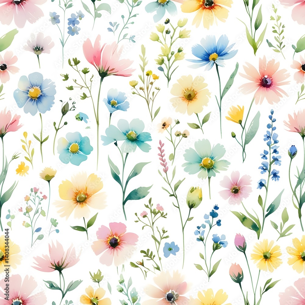 Seamless pattern with hand painted watercolor wild flowers Generative Ai Seamless pattern with hand painted watercolor wild flowers Generative Ai