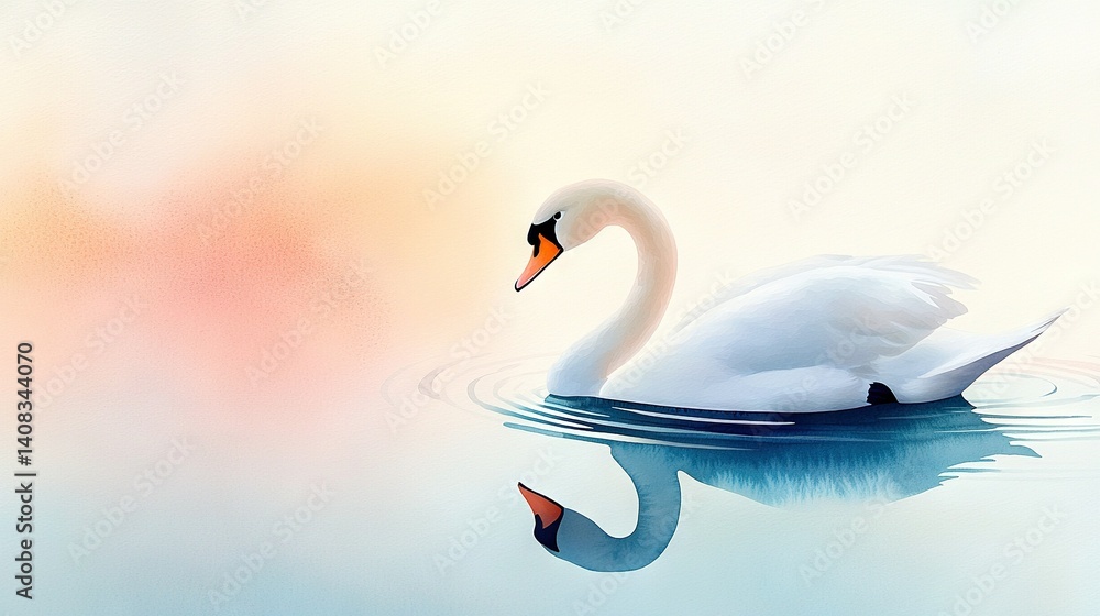 Obraz premium White Swan Floating on Water Next to Pink and Blue Sky