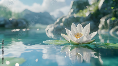 Serene white lotus flower floats on tranquil mountain lake.