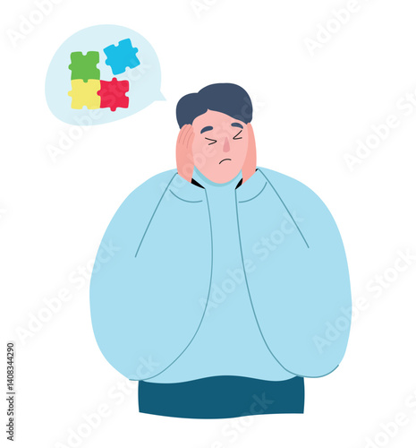 The young man feels bad, has problems with his head and thoughts. It is difficult for an autistic person to adapt. Vector flat graphics.