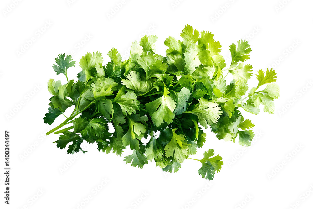 A vibrant bunch of cilantro with lush green leaves isolated on a white transparent background. Perfect for salads, various cooking methods, and healthy, nutritious dishes
