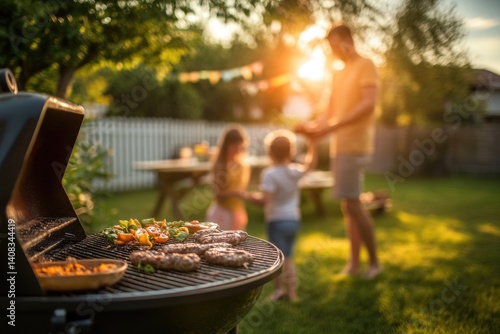 Family enjoying a summer barbecue in the backyard, grilling meat and vegetables.