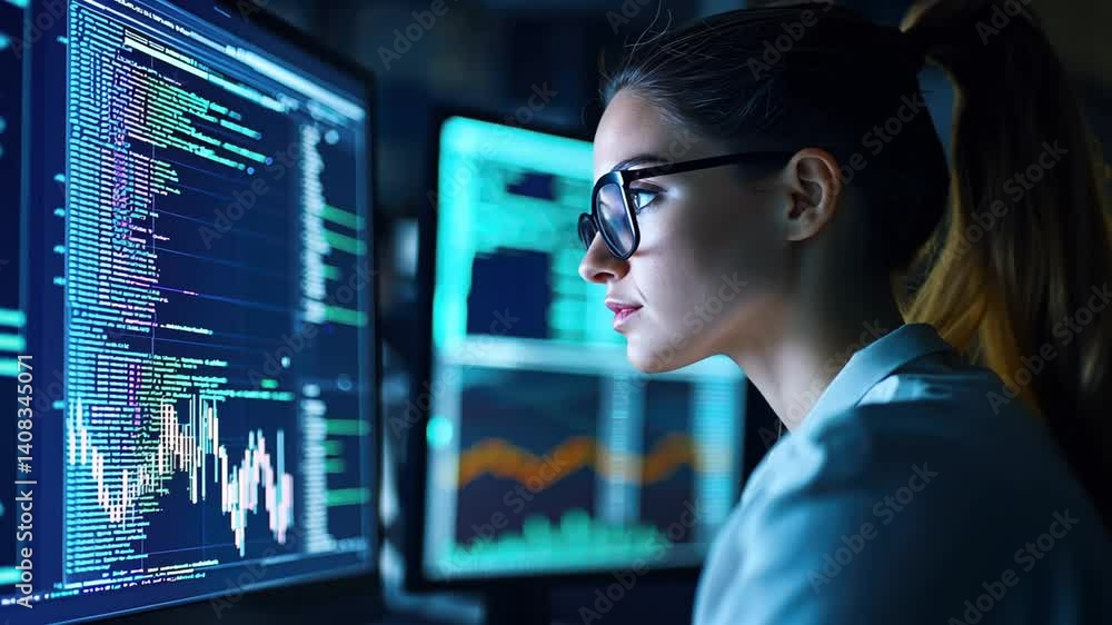 A skilled professional analyzes and debugs a stock trading platform in a well-lit office setting. A skilled professional analyzes and debugs a stock trading platform in a well-lit office setting.