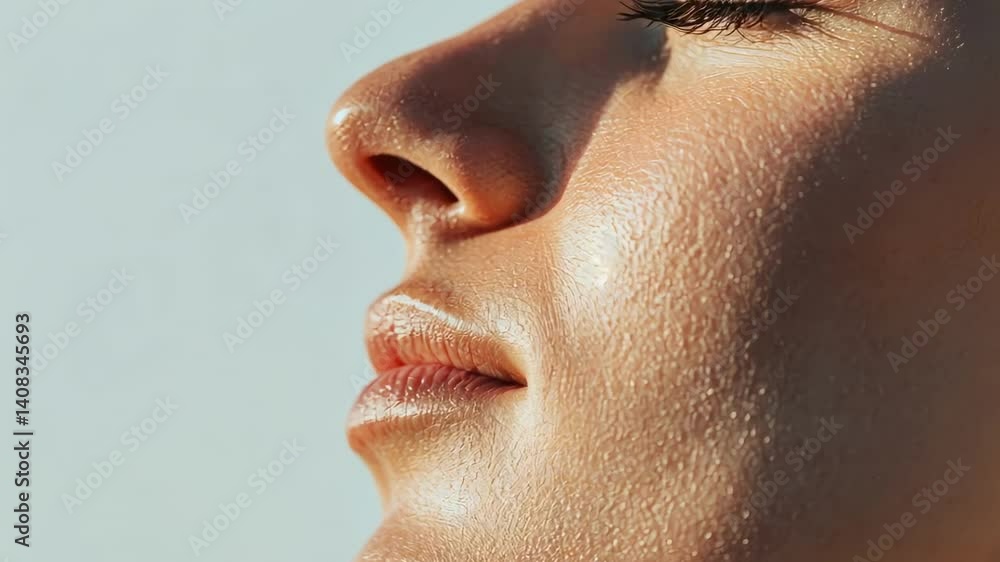Profile of a woman breathing fresh air enjoying the sunlight on her face, showing perfect nose and skin pores, ideal for beauty, cosmetology and rhinoplasty concepts