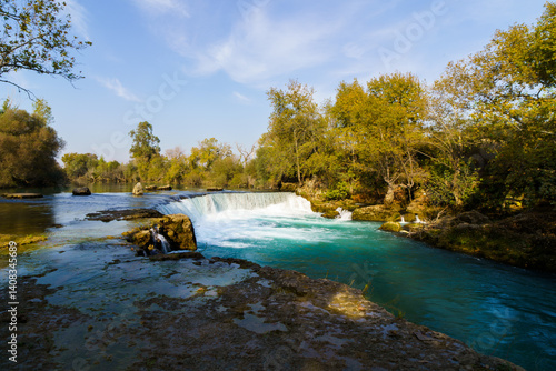 Autumn Waterfall in Manavgat, Turkey with Turquoise River and Trees
